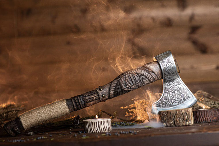 RA-256 Hand-forged Axe, Odin Craved Handle Viking Axe, Scandinavian Axe, Nordic Style Axe, Groomsmen Gift, Christmas Gift, Halloween Gift, Gift For Men - Ragnar Armoury