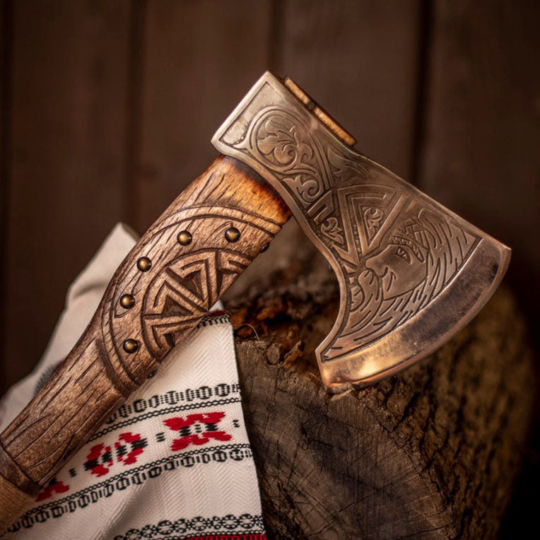 RA-257 Hand-Forged Slavic sun Viking Axe, Viking Traditional Axe, Odin Etched Head Axe, Gift For Men. Anniversary Gift, Halloween Gift, Christmas Gift - Ragnar Armoury