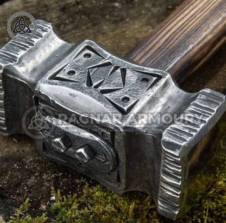 RA-175 Functional Hand Forged War Hammer, Personalized Viking Battle Hammer, Viking Runes Hammer - Ragnar Armoury