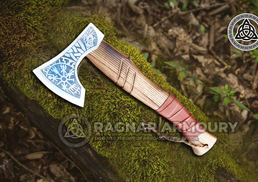 RA-238 Hand Forged Fenrir And Helm Of Awe Viking Axe, Mini Viking Axe, Scandinavian Axe, Groomsmen Gift, Christmas Gift - Ragnar Armoury