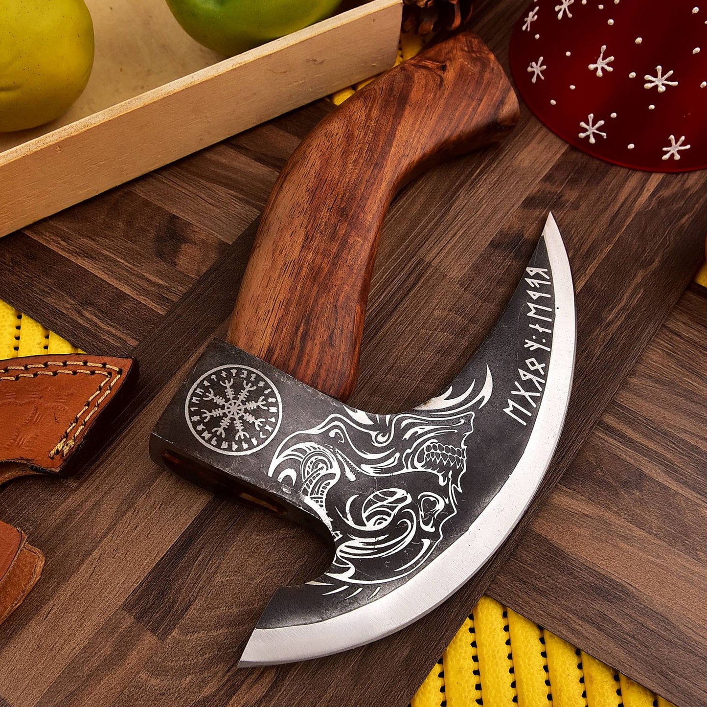 RA-292 Hand-Forged Carbon Steel Skull Viking Pizza Axe, Nordic Style Pizza Cutter, Gift For Men, Christmas Gift