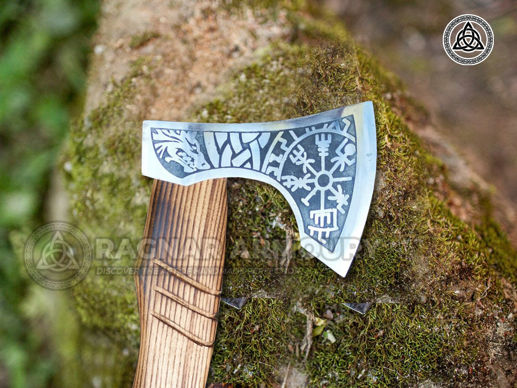 RA-238 Hand Forged Fenrir And Helm Of Awe Viking Axe, Mini Viking Axe, Scandinavian Axe, Groomsmen Gift, Christmas Gift - Ragnar Armoury