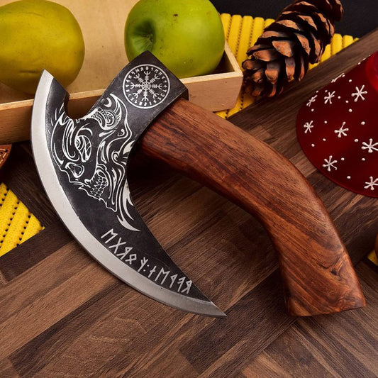 RA-292 Hand-Forged Carbon Steel Skull Viking Pizza Axe, Nordic Style Pizza Cutter, Gift For Men, Christmas Gift