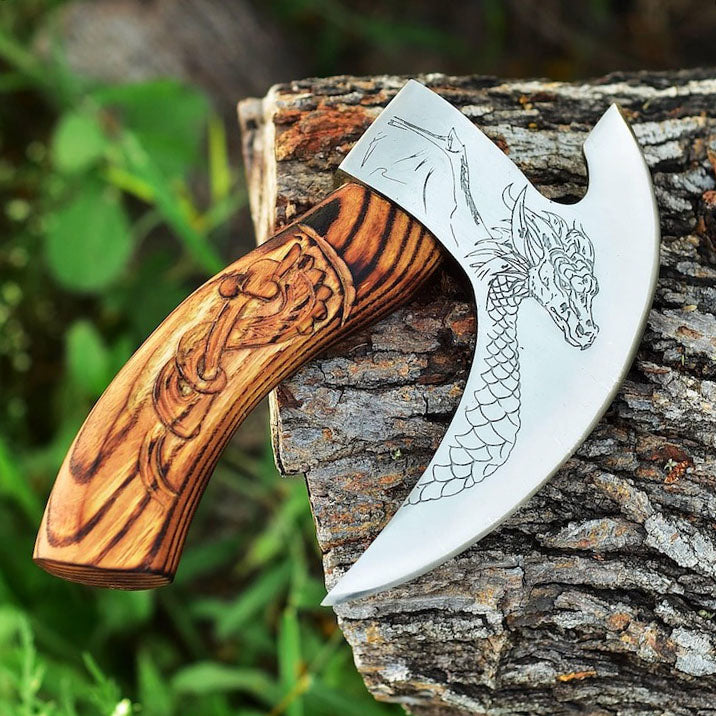 RA-264 Dragon Pizza Axe, Handmade Viking Pizza Axe, Pizza Cutter, Wood Craved Handle Dragon Axe, Gift For Men, Halloween Gift, Christmas Gift - Ragnar Armoury