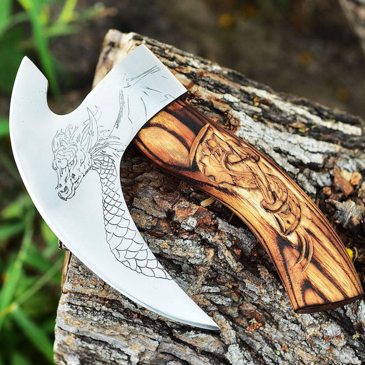 RA-264 Dragon Pizza Axe, Handmade Viking Pizza Axe, Pizza Cutter, Wood Craved Handle Dragon Axe, Gift For Men, Halloween Gift, Christmas Gift - Ragnar Armoury