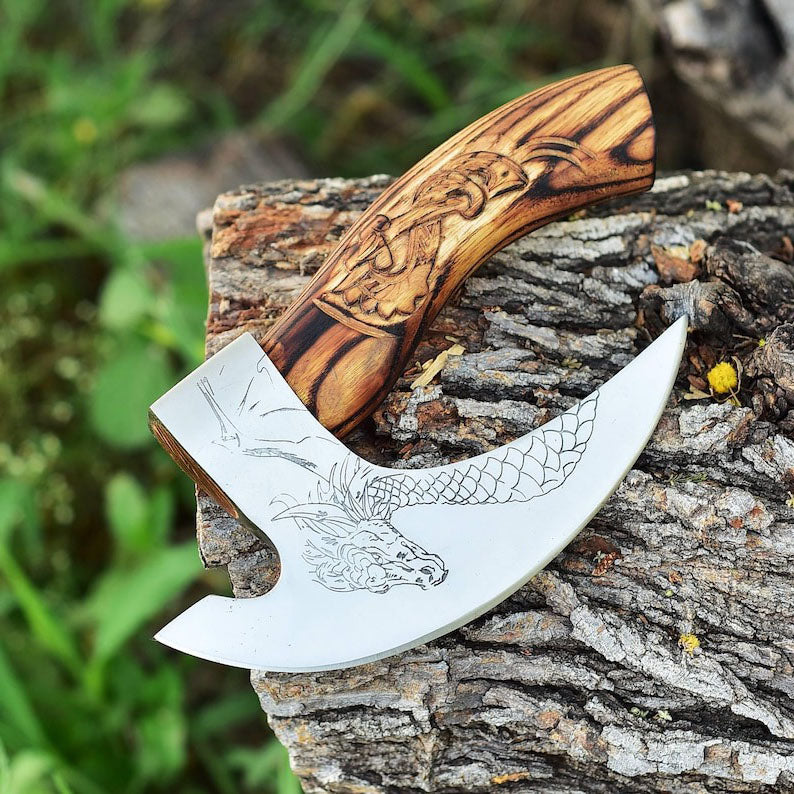 RA-264 Dragon Pizza Axe, Handmade Viking Pizza Axe, Pizza Cutter, Wood Craved Handle Dragon Axe, Gift For Men, Halloween Gift, Christmas Gift - Ragnar Armoury