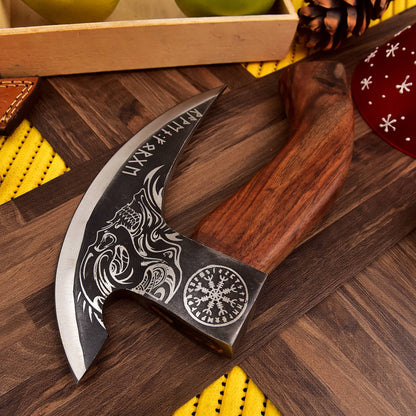 RA-292 Hand-Forged Carbon Steel Skull Viking Pizza Axe, Nordic Style Pizza Cutter, Gift For Men, Christmas Gift