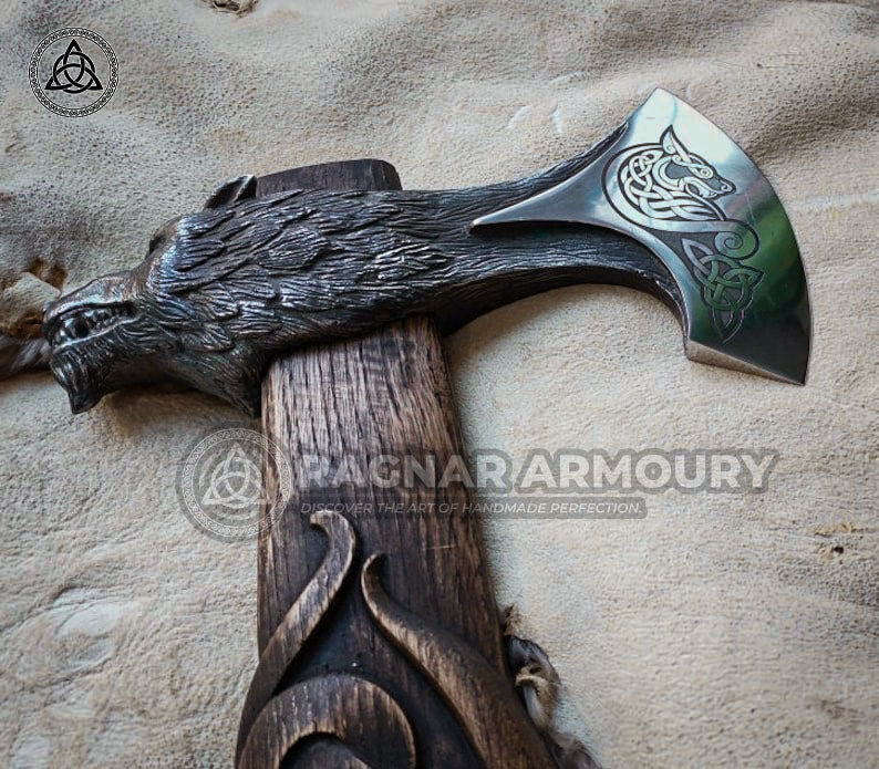 RA-183 Wolf Fenrir Head Axe , Wolf Fenrir Crafted Handle, Viking axe, Bearded axe, Skeggöx, Handcrafted axe, Gift For Men, Christmas Gift - Ragnar Armoury