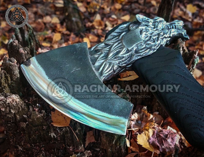 RA-180 Handmade Wolf Fenrir Head Axe, Viking axe, Handcrafted axe, Heritage gift, Camping axe, Gift For Men - Ragnar Armoury