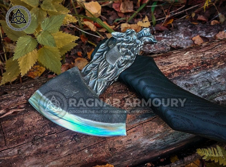 RA-180 Handmade Wolf Fenrir Head Axe, Viking axe, Handcrafted axe, Heritage gift, Camping axe, Gift For Men - Ragnar Armoury