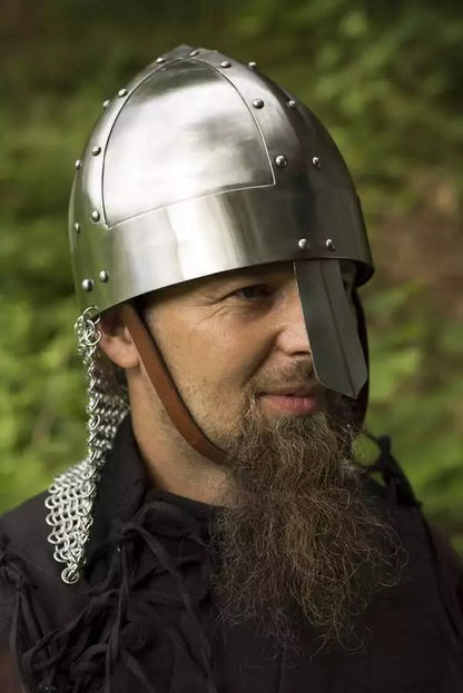 Medieval Viking Spangenhelm – Polished Steel Norman Knight Helmet with Chainmail