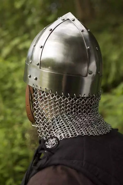 Medieval Viking Spangenhelm – Polished Steel Norman Knight Helmet with Chainmail