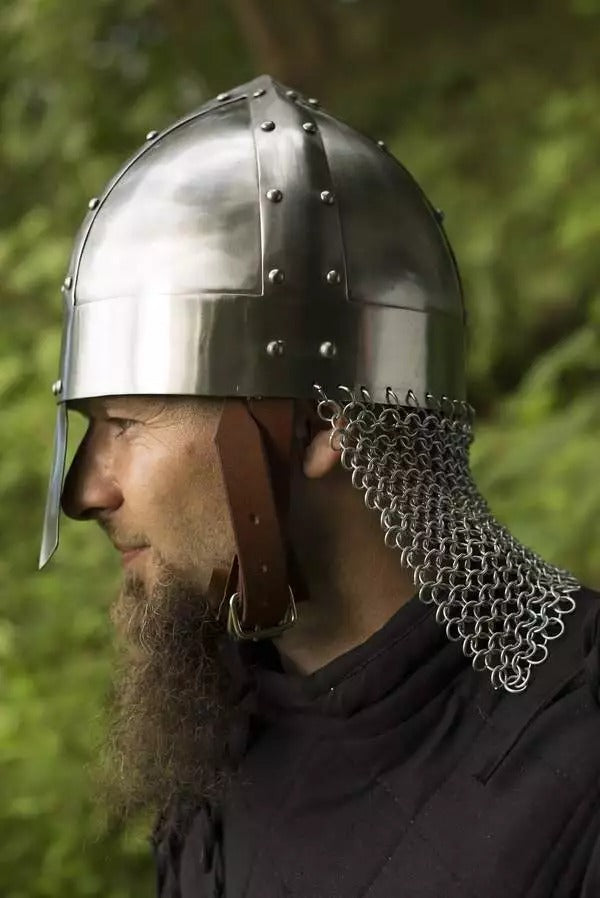 Medieval Viking Spangenhelm – Polished Steel Norman Knight Helmet with Chainmail