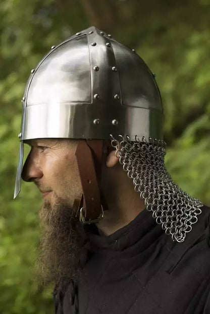 Medieval Viking Spangenhelm – Polished Steel Norman Knight Helmet with Chainmail