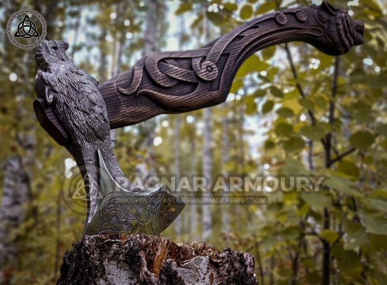 RA-183 Wolf Fenrir Head Axe , Wolf Fenrir Crafted Handle, Viking axe, Bearded axe, Skeggöx, Handcrafted axe, Gift For Men, Christmas Gift - Ragnar Armoury