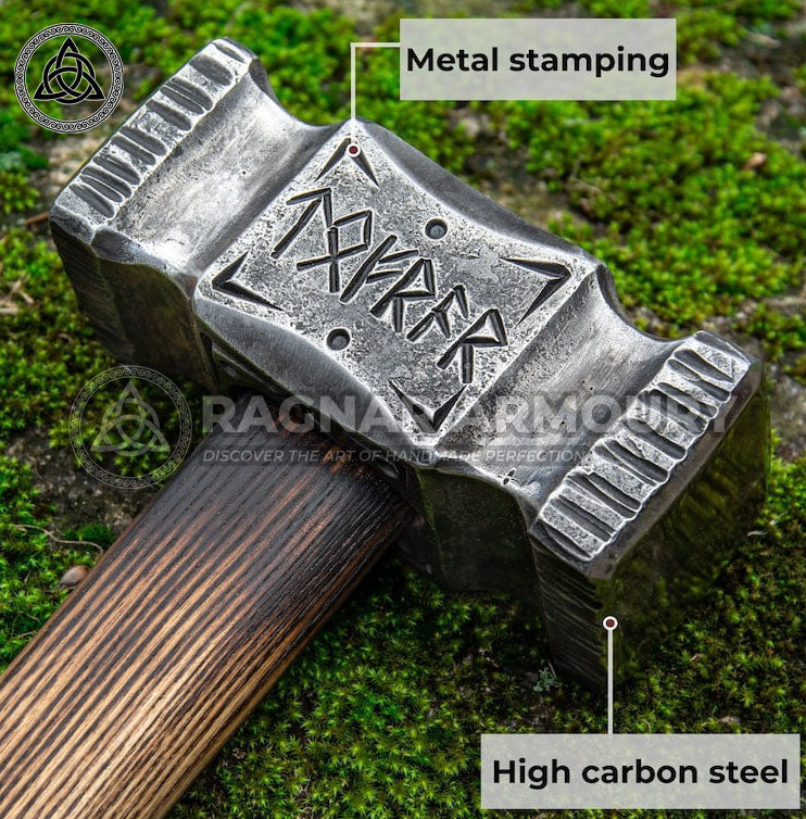 RA-175 Functional Hand Forged War Hammer, Personalized Viking Battle Hammer, Viking Runes Hammer - Ragnar Armoury