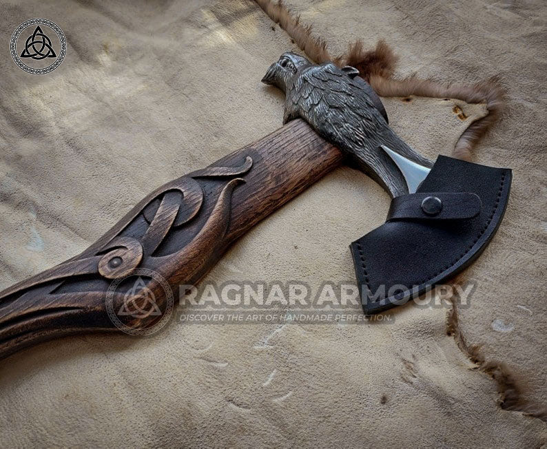 High quality Wolf design, Viking bearded axe with rune handle