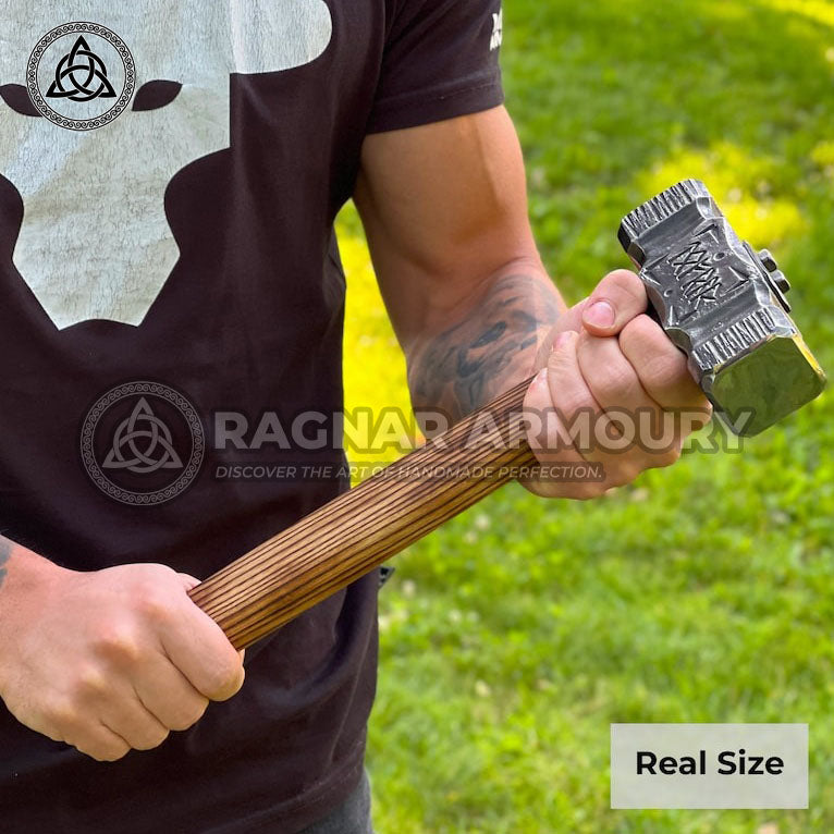 RA-175 Functional Hand Forged War Hammer, Personalized Viking Battle Hammer, Viking Runes Hammer - Ragnar Armoury