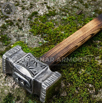 RA-175 Functional Hand Forged War Hammer, Personalized Viking Battle Hammer, Viking Runes Hammer - Ragnar Armoury