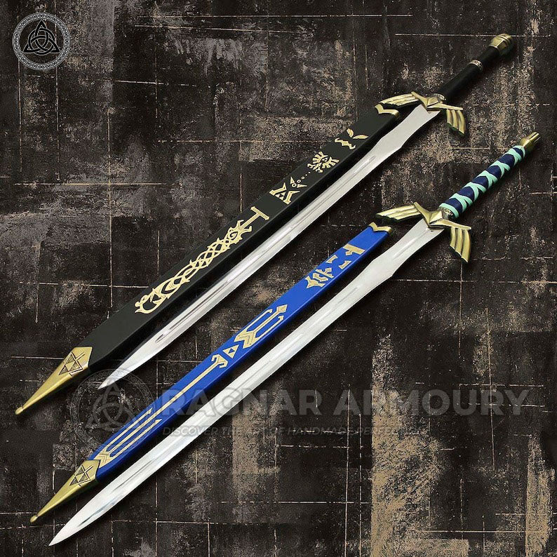 RA-224 The Legend Of Zelda Master Skyward Pair Sword, Black and Gold Sword, Sky-blue and Gold Sword, 2 Paired Swords, Gift For Men, Gift For Husband, Wall Hanging Sword, Wedding Gift, Halloween Gift - Ragnar Armoury