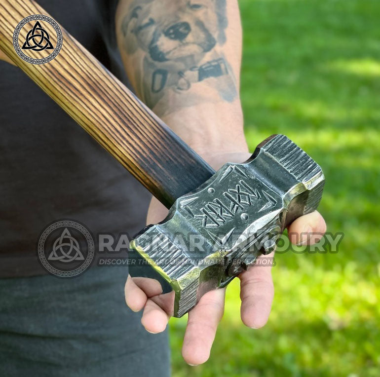 RA-175 Functional Hand Forged War Hammer, Personalized Viking Battle Hammer, Viking Runes Hammer - Ragnar Armoury