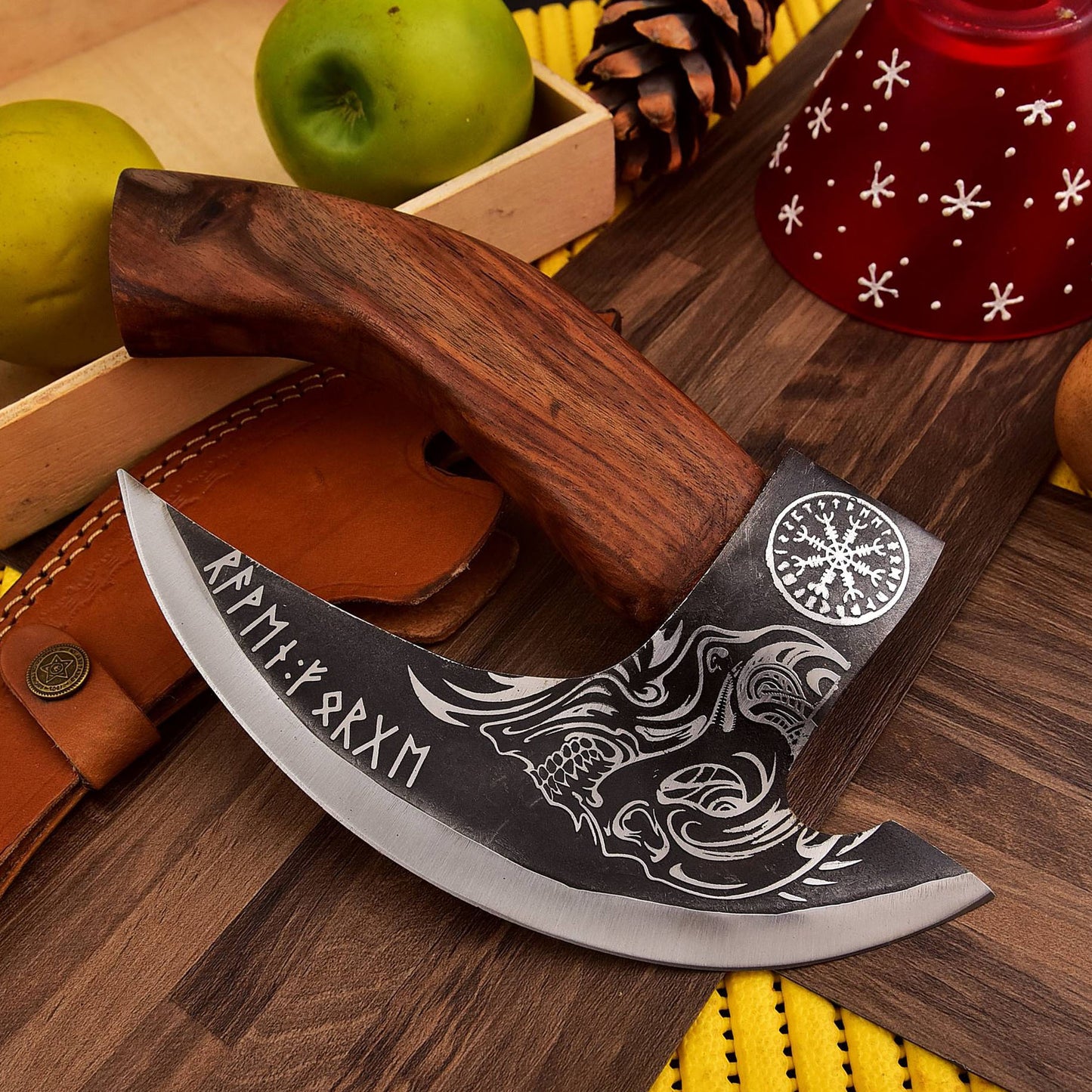 RA-292 Hand-Forged Carbon Steel Skull Viking Pizza Axe, Nordic Style Pizza Cutter, Gift For Men, Christmas Gift