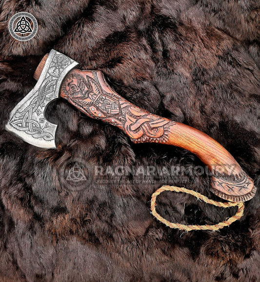 RA-196 Handmade Viking Axe, Viking Axe, Bushcraft tool, Outdoor axe, Woodworking tool, Camping axe, Leather sheath, Collectible axe, Gift For Men, Christmas Gift - Ragnar Armoury