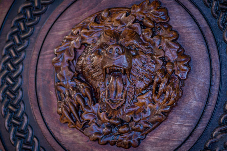 RA-199 Hand Craved Bear Head Viking Shield, Viking Battle Shield, Wall Decor Shield, Gift For Men, Christmas Gift - Ragnar Armoury
