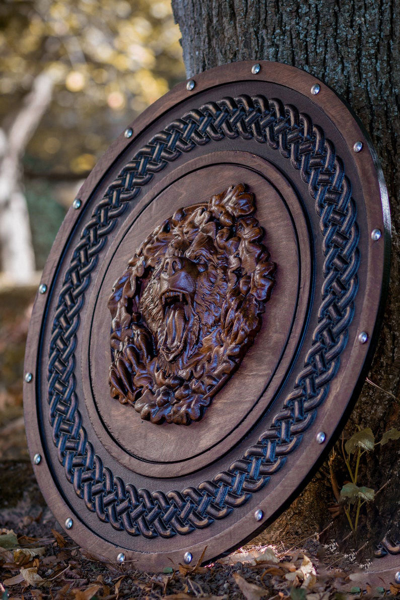 RA-199 Hand Craved Bear Head Viking Shield, Viking Battle Shield, Wall Decor Shield, Gift For Men, Christmas Gift - Ragnar Armoury
