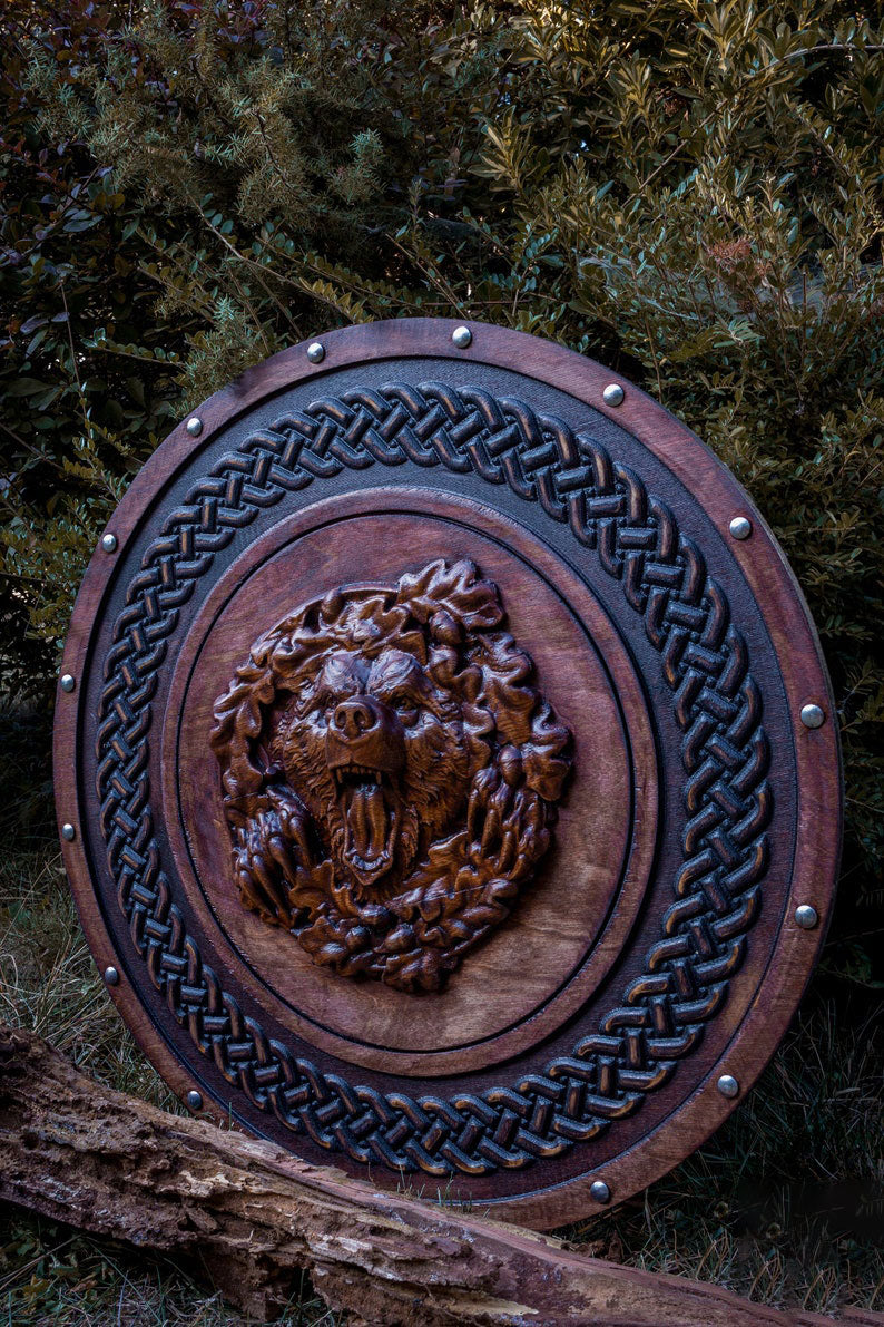 RA-199 Hand Craved Bear Head Viking Shield, Viking Battle Shield, Wall Decor Shield, Gift For Men, Christmas Gift - Ragnar Armoury