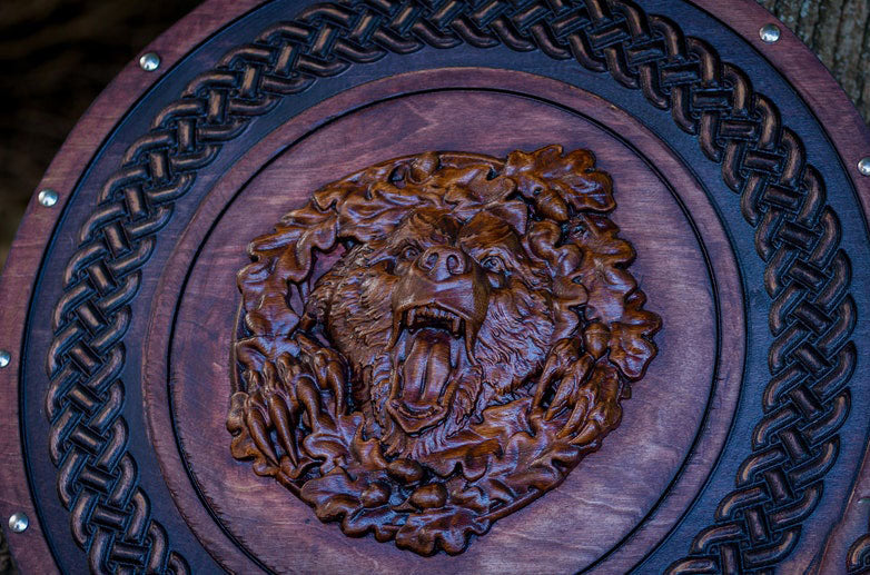 RA-199 Hand Craved Bear Head Viking Shield, Viking Battle Shield, Wall Decor Shield, Gift For Men, Christmas Gift - Ragnar Armoury