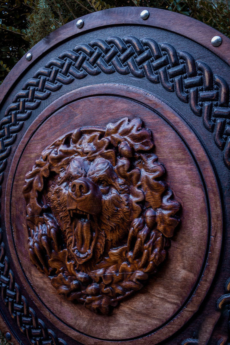 RA-199 Hand Craved Bear Head Viking Shield, Viking Battle Shield, Wall Decor Shield, Gift For Men, Christmas Gift - Ragnar Armoury