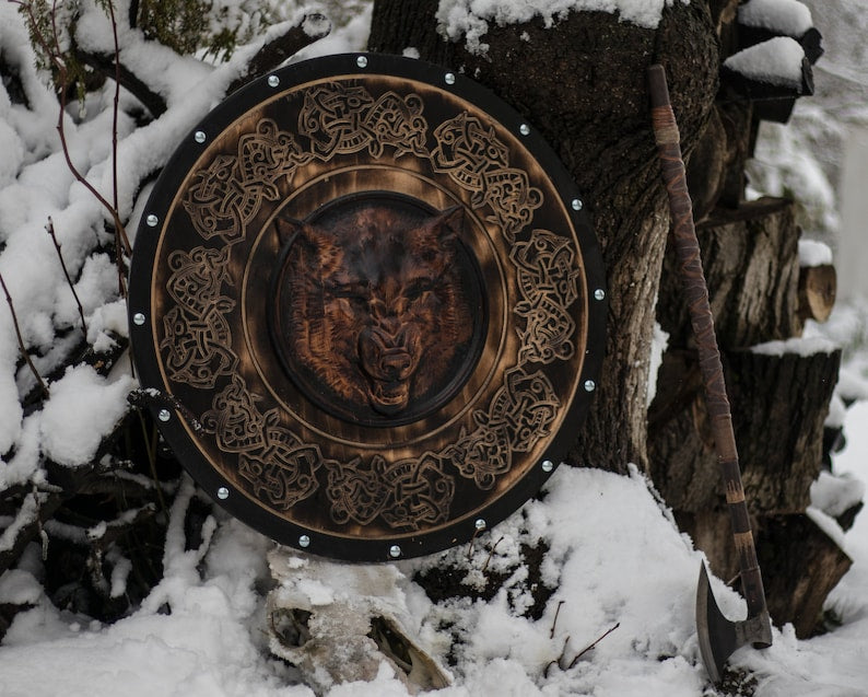 RA-198 Hand Craved Viking Wolf Head Shield, Viking Warrior Shield, Wall Hanging Shield, Gift For Men, Christmas Gift - Ragnar Armoury