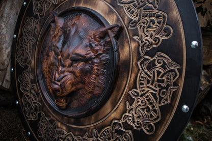 RA-198 Hand Craved Viking Wolf Head Shield, Viking Warrior Shield, Wall Hanging Shield, Gift For Men, Christmas Gift - Ragnar Armoury