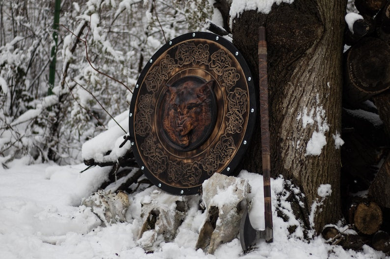 RA-198 Hand Craved Viking Wolf Head Shield, Viking Warrior Shield, Wall Hanging Shield, Gift For Men, Christmas Gift - Ragnar Armoury