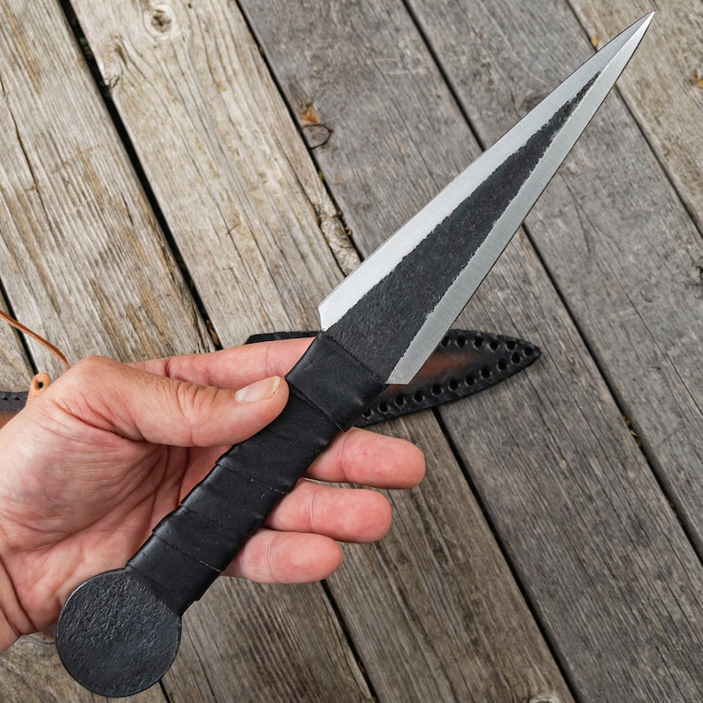 RA-188 Throwing Dagger Hand Forged High Carbon Steel Medieval Inspired Collectible Viking Style Throwing Knife with Leather Sheath - Ragnar Armoury