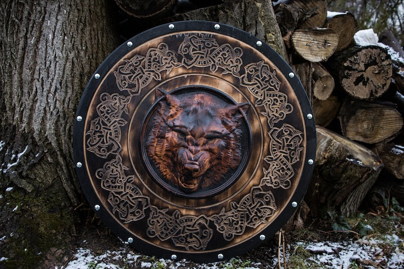 RA-198 Hand Craved Viking Wolf Head Shield, Viking Warrior Shield, Wall Hanging Shield, Gift For Men, Christmas Gift - Ragnar Armoury