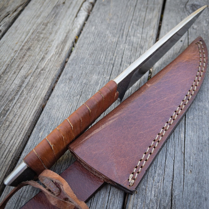 RA-206 Viking Seax Knife with Leather Wrap Handle, Viking Seax Knife Outdoor Use, Gift Gift For Men, Groomsmen Gift - Ragnar Armoury