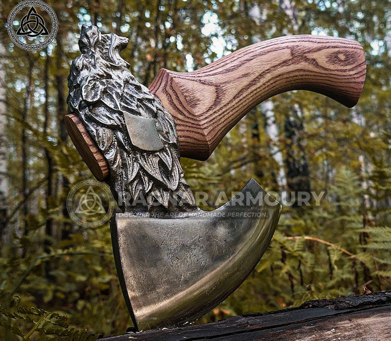 RA-181 Hand Crafted Mini Wolf Fenrir Head Axe, Viking axe, Hand Forged axe, Bushcraft tool, Outdoor axe, Heritage gift, Camping axe, Gift For Men - Ragnar Armoury