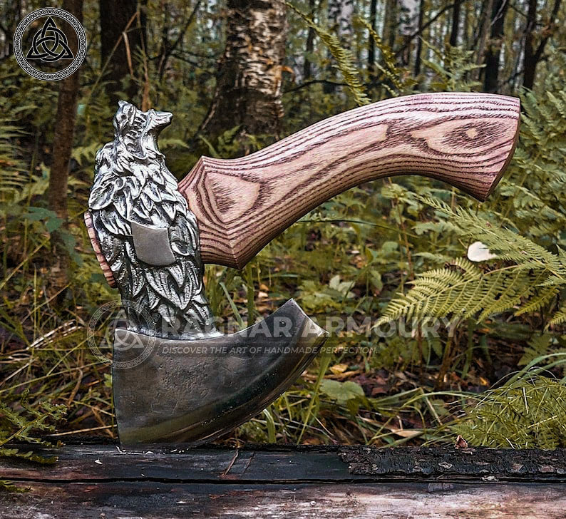 RA-181 Hand Crafted Mini Wolf Fenrir Head Axe, Viking axe, Hand Forged axe, Bushcraft tool, Outdoor axe, Heritage gift, Camping axe, Gift For Men - Ragnar Armoury