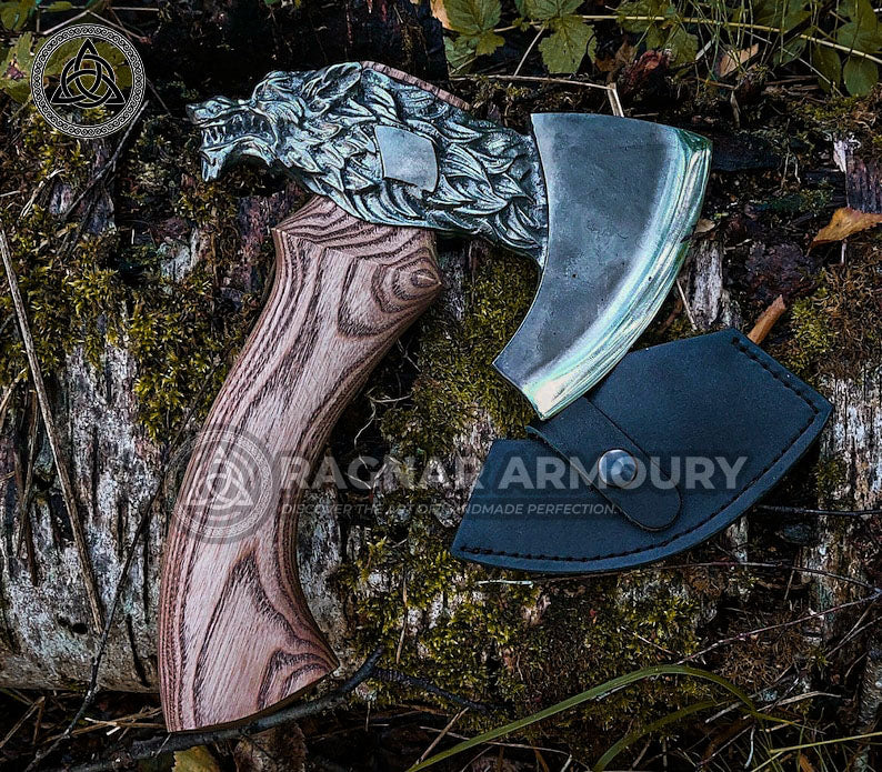 RA-181 Hand Crafted Mini Wolf Fenrir Head Axe, Viking axe, Hand Forged axe, Bushcraft tool, Outdoor axe, Heritage gift, Camping axe, Gift For Men - Ragnar Armoury