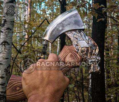 RA-181 Hand Crafted Mini Wolf Fenrir Head Axe, Viking axe, Hand Forged axe, Bushcraft tool, Outdoor axe, Heritage gift, Camping axe, Gift For Men - Ragnar Armoury