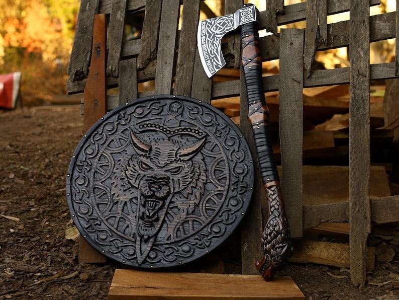 RA-107 Handmade Legendary Norse Wolf head Engraved Axe, With High Quality Made Viking Shield, Decorative Shield, Gift For Him, Gift For Men, Groomsmen Gift - Ragnar Armoury