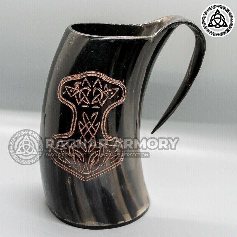 RA-111 Buffalo Horn Mug thor mjolnir Hammer Engraved, Beer Mug, High Quality Made Mug, Gift For Her, Gift For Him - Ragnar Armoury