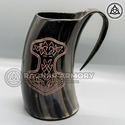 RA-111 Buffalo Horn Mug thor mjolnir Hammer Engraved, Beer Mug, High Quality Made Mug, Gift For Her, Gift For Him - Ragnar Armoury