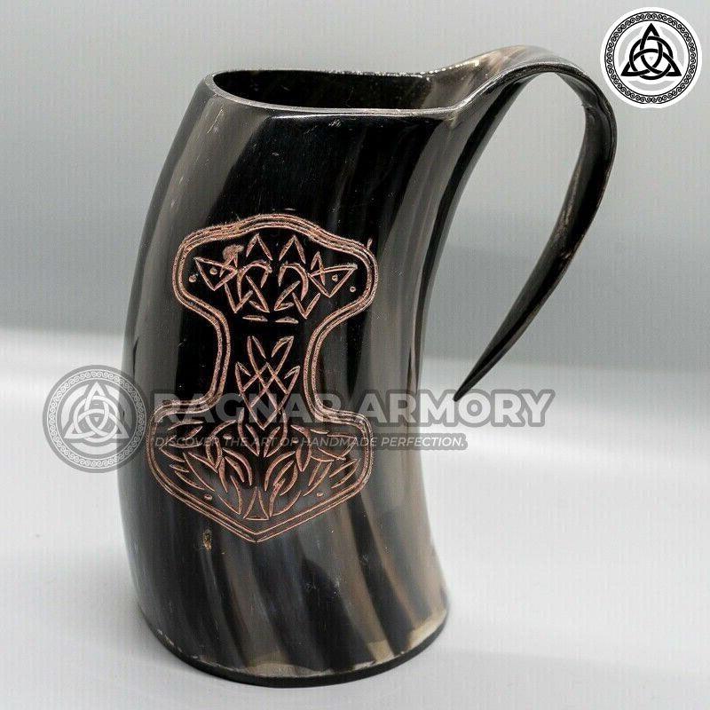 RA-111 Buffalo Horn Mug thor mjolnir Hammer Engraved, Beer Mug, High Quality Made Mug, Gift For Her, Gift For Him - Ragnar Armoury