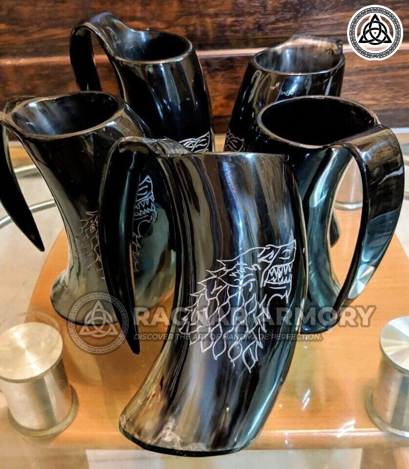 RA-112 Handmade Line Carved, Wolf Carved Polished Horn Mugs, Norse Bear Horn Mugs, Gift For Him, Gift For Her, Mother's Day Gift, Christmas Gift - Ragnar Armoury