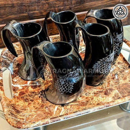 RA-112 Handmade Line Carved, Wolf Carved Polished Horn Mugs, Norse Bear Horn Mugs, Gift For Him, Gift For Her, Mother's Day Gift, Christmas Gift - Ragnar Armoury