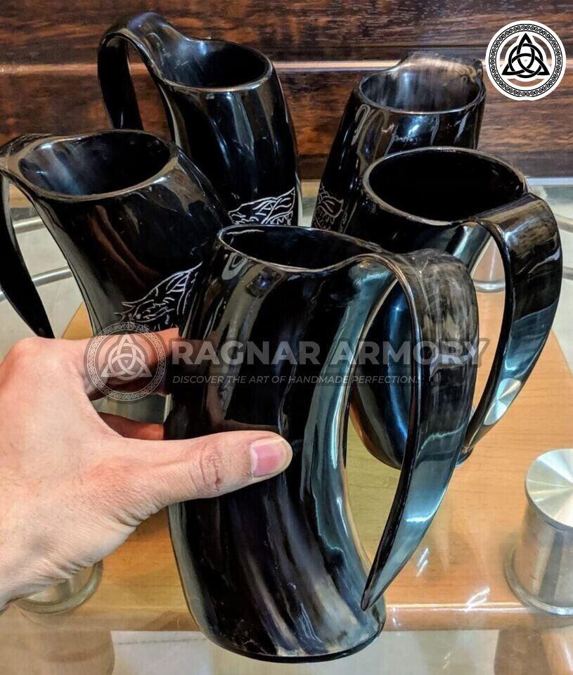 RA-112 Handmade Line Carved, Wolf Carved Polished Horn Mugs, Norse Bear Horn Mugs, Gift For Him, Gift For Her, Mother's Day Gift, Christmas Gift - Ragnar Armoury