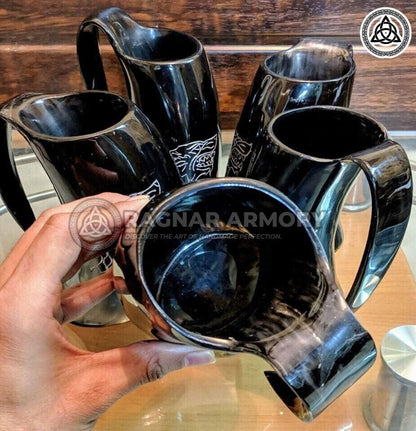 RA-112 Handmade Line Carved, Wolf Carved Polished Horn Mugs, Norse Bear Horn Mugs, Gift For Him, Gift For Her, Mother's Day Gift, Christmas Gift - Ragnar Armoury